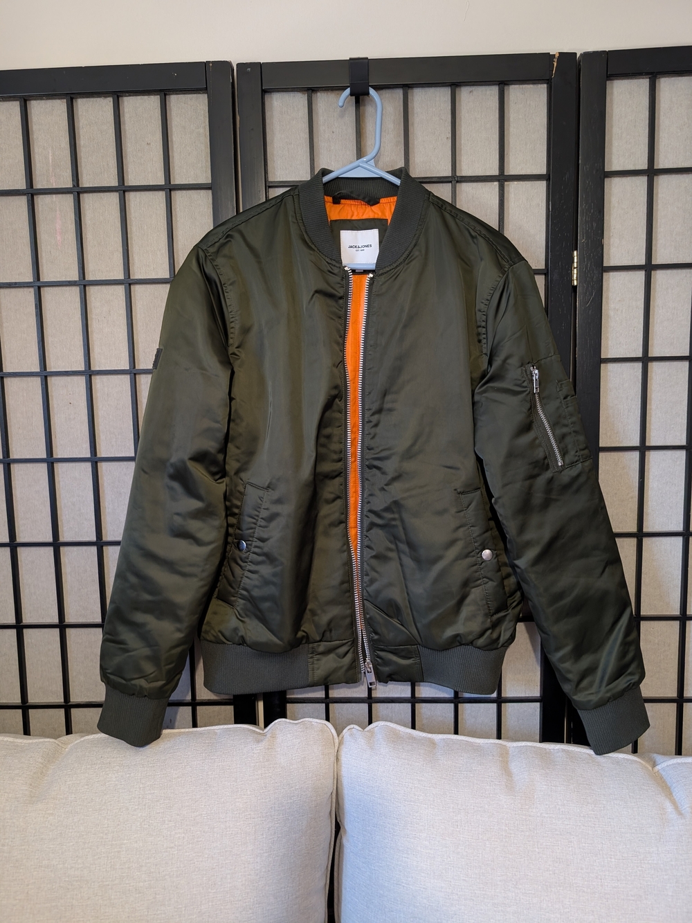 Jack & Jones Olive Green Bomber Jacket with Orange Lining Sz S